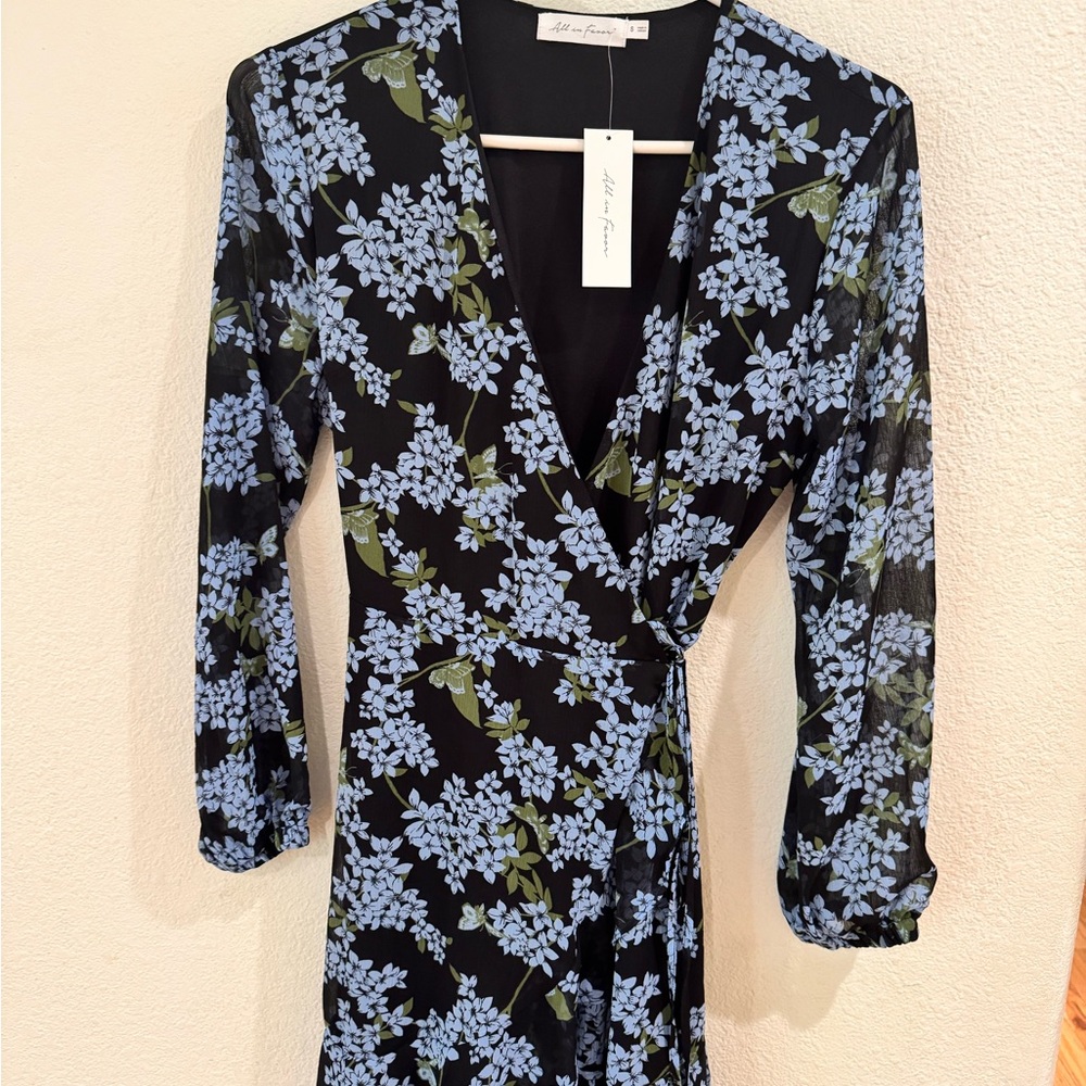 Floral Wrap Dress in Black and Blue